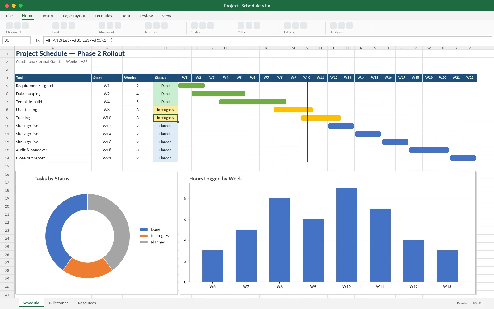 Excel project schedule Gantt chart with task status