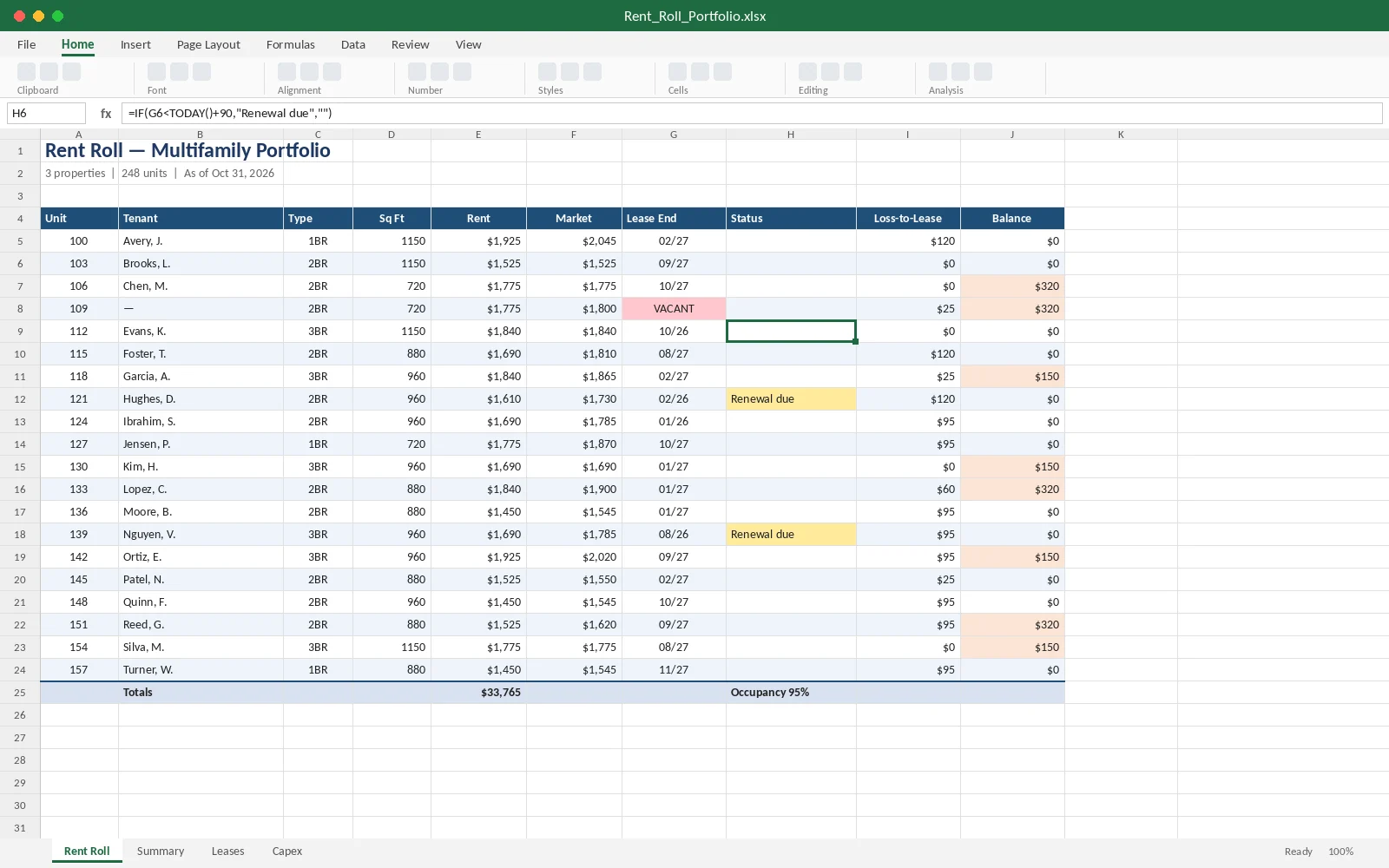Excel rent roll for a multifamily portfolio with lease renewal flags