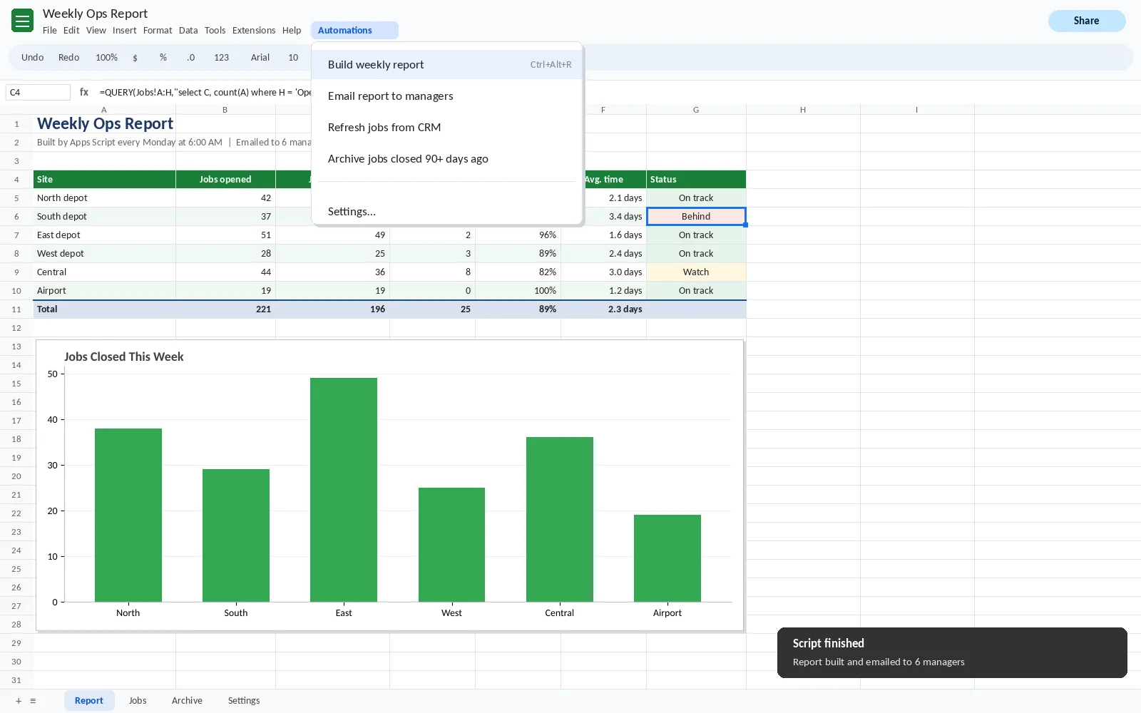 Custom Apps Script menu in Google Sheets that builds and emails a weekly report