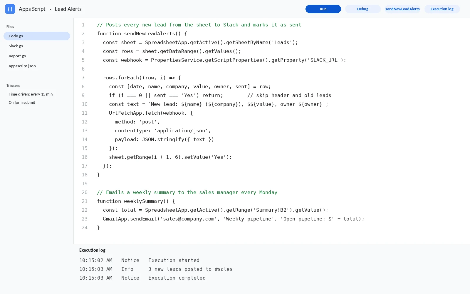 Apps Script code that posts new Google Sheets leads to Slack